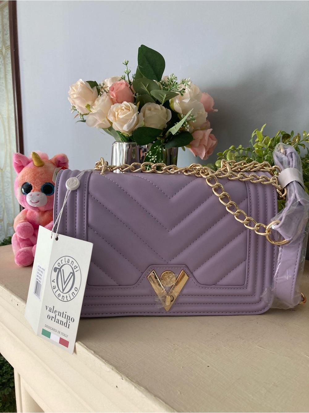 Valentino Orlandi Lavender Quilted Chain Crossbody Bag with Gold Hardware